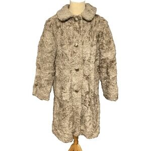 Vintage Fingerhut Faux Fur Coat Gray Curly Textured Mod Button Front USA 16